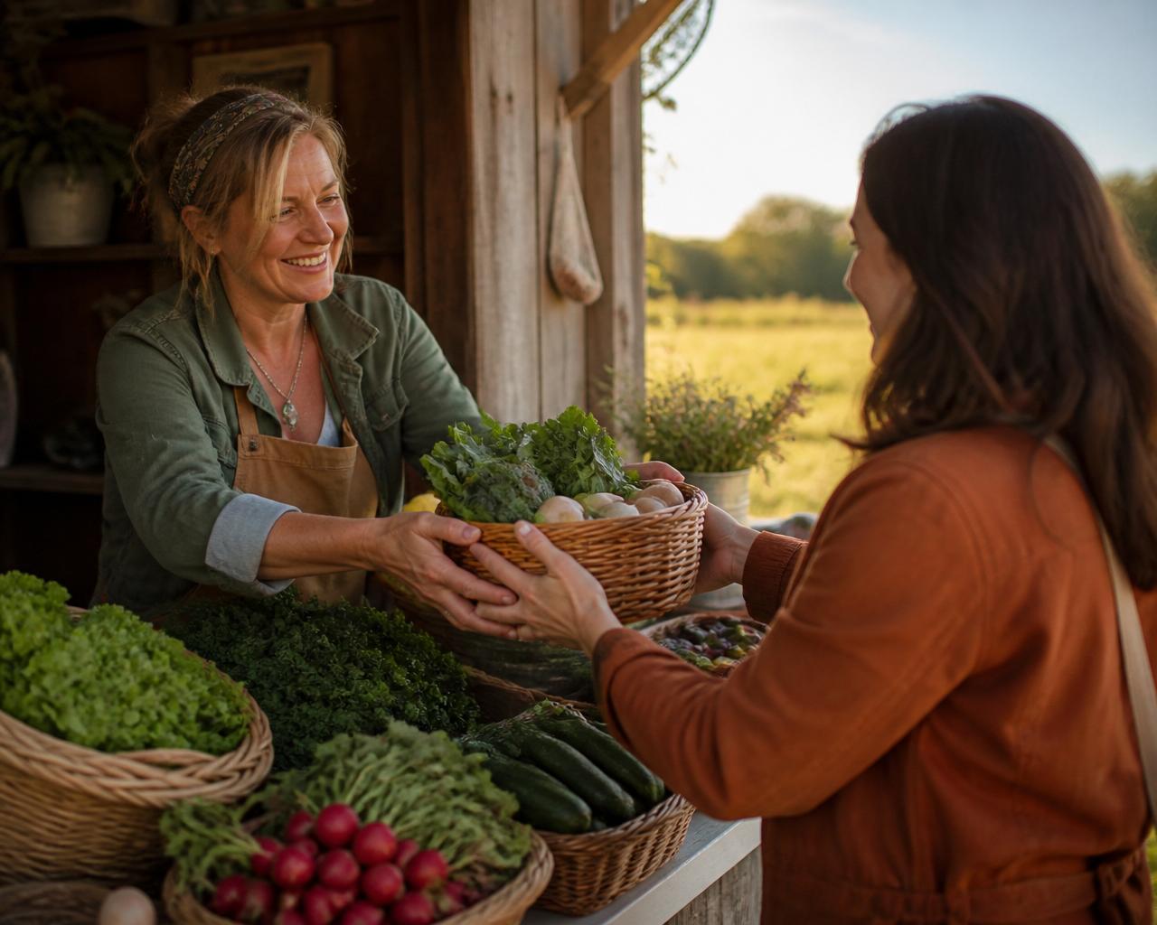A local producer smiling while handing fresh vegetables to a neighbor at a roadside farm stand
