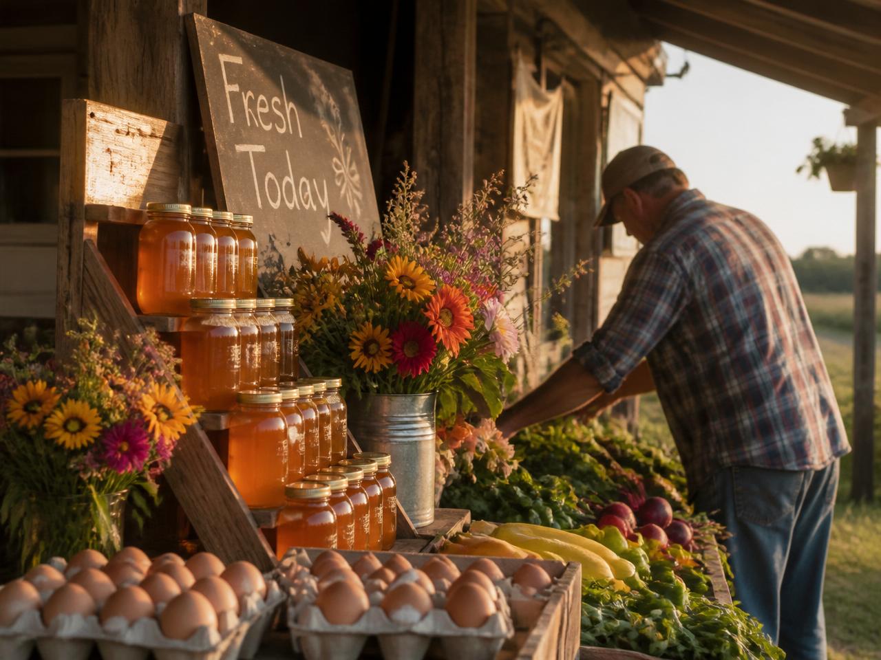 Roadside farm stand at golden hour with fresh eggs, honey, vegetables and flowers