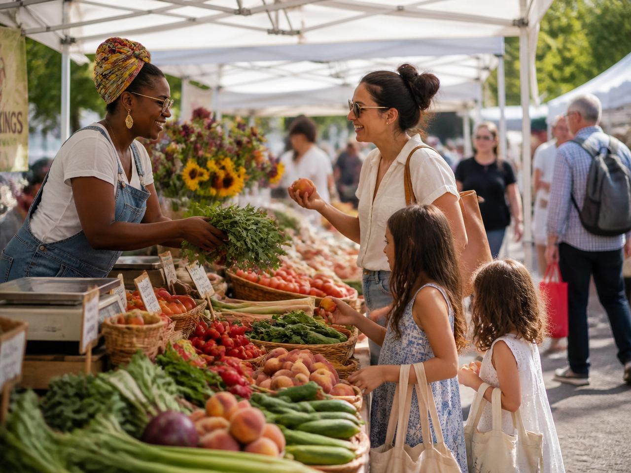 Families shopping and chatting with a farmer at a sunny local farmers market
